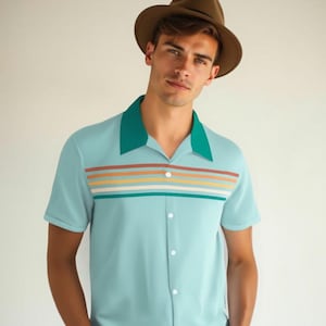 Vintage Style Shirt Men, 50s Style Shirt, Blue Rockabilly Shirt, 50s inspired shirt men, Retro blue Stripe Shirt, Retro Bowling Shirt Men