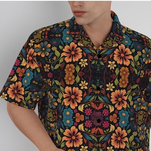 Hawaiian Shirt Men, Floral Shirt Men, Retro Top, Retro Shirt Men,60s 70s Style Shirt,Vintage Style Shirt, Hippie Shirt Men,Men&#39;s Button Down