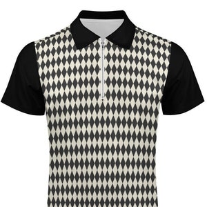 Polo Shirt Men, Men&#39;s Polo Shirt, 60s style shirt men, Zipper polo shirt,Black Geometric Shirt, Retro Polo Shirt, Vintage inspired Shirt Men