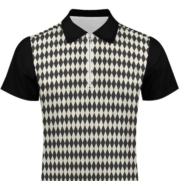 Polo Shirt Men, Polo de hombre, camisa de estilo años 60, polo con cremallera, camisa geométrica negra, polo retro, camisa de inspiración vintage para hombre