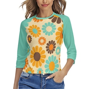 Retro Raglan Shirt, Raglan Tee, Raglan Shirt , Turquoise Raglan Shirt Women, Mod 60s,70s Hippie Shirt,60s 70s inspired Shirt, Baseball Shirt