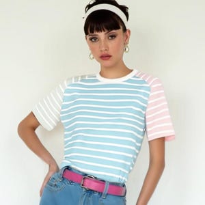 Vintage Shirt Style | Pink Green Color Block shirt | Cotton Stripe shirt | Vintage Style Top | Loose Fit Raglan Top | Retro Top