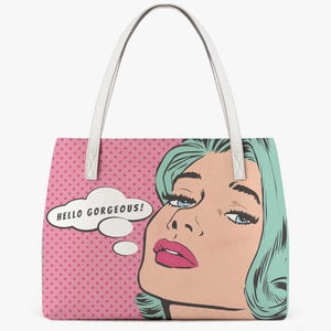 Custom Text Pop Art Shoulder Bag | Personalized Retro Tote | Vintage-Inspired Gift Bag, Pink Pop Art Print Bag, Personalized Bag