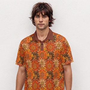 Velvet Polo Shirt, 70s Style Shirt, 70s Shirt Men, Vintage Polo Shirt, Boho Shirt Men, Hippie Shirt Men, 70s Floral Shirt, Orange Polo Shirt image 1
