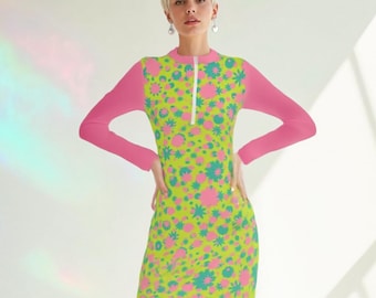 60er Jahre Kleidung Mod | Rosa Grünes Scuba GOGO Kleid | Etuikleid Retro | Vintage-inspiriertes Mini Kleid