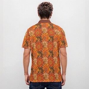 Velvet Polo Shirt, 70s Style Shirt, 70s Shirt Men, Vintage Polo Shirt, Boho Shirt Men, Hippie Shirt Men, 70s Floral Shirt, Orange Polo Shirt image 4