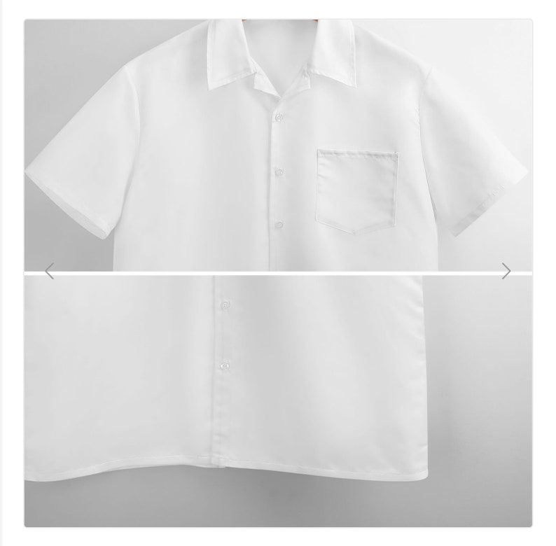 Puede incluir: Una camisa blanca de manga corta con botones y un bolsillo en el pecho.