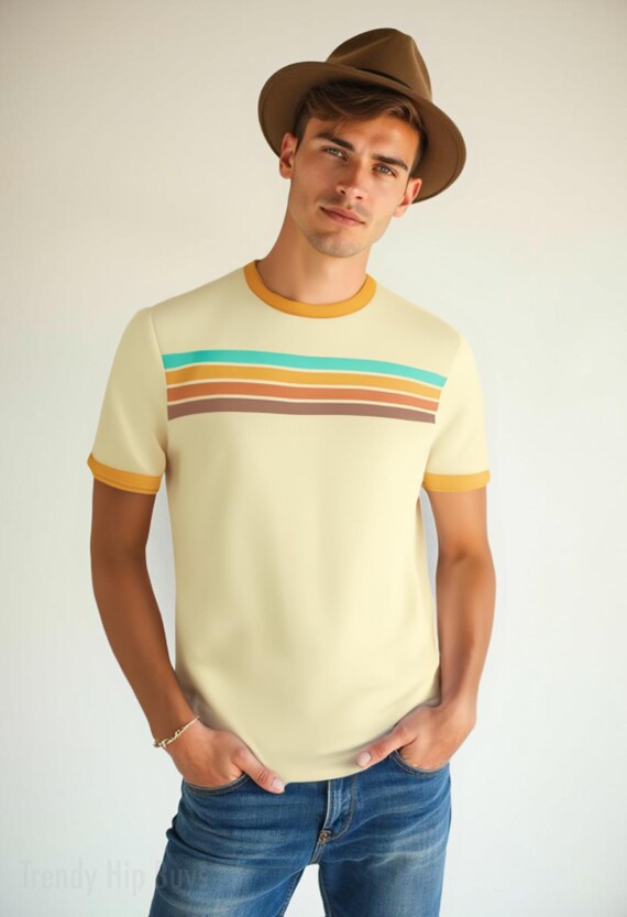 Retro Cotton Tshirt, Men’s 70s Retro T-Shirt | Retro 70s Stripe Cotton Tee | Vintage 70s 80s Style T-Shirt, 70s vintage style top,Hippie top