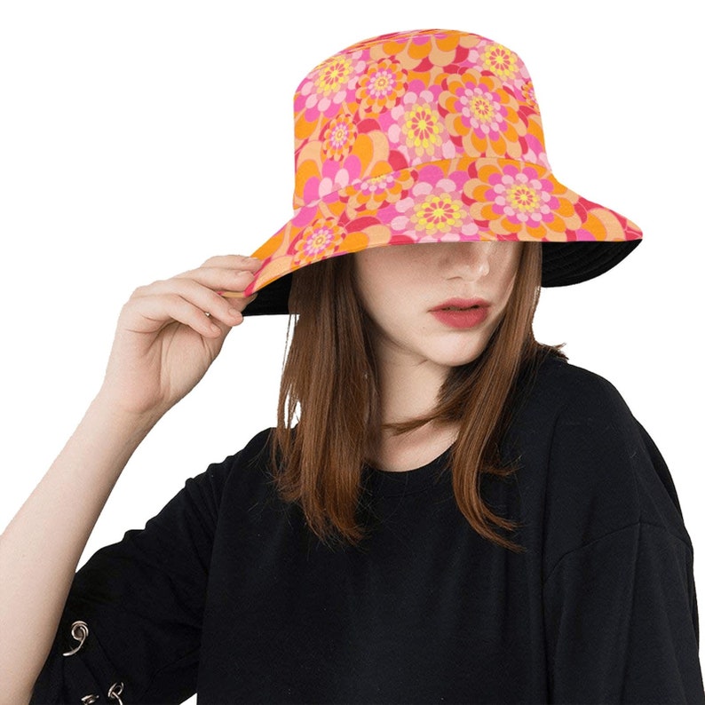 1960s Hats Styles | Women&rsquo;s Hat History     Bucket Hat Unisex hat Retro Hat Retro Pink Hat Pink Bucket Hat Mod Hat Mod 60s style Hat Retro Style Hat Pink Floral Hat  AT vintagedancer.com