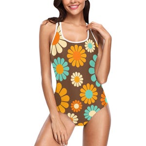 60s 70s style swimsuit, Retro One Piece Swimsuit, One Piece Bathing suit, Vintage Mod 60s Brown Floral Bathing Suit, Plus size Swimwear