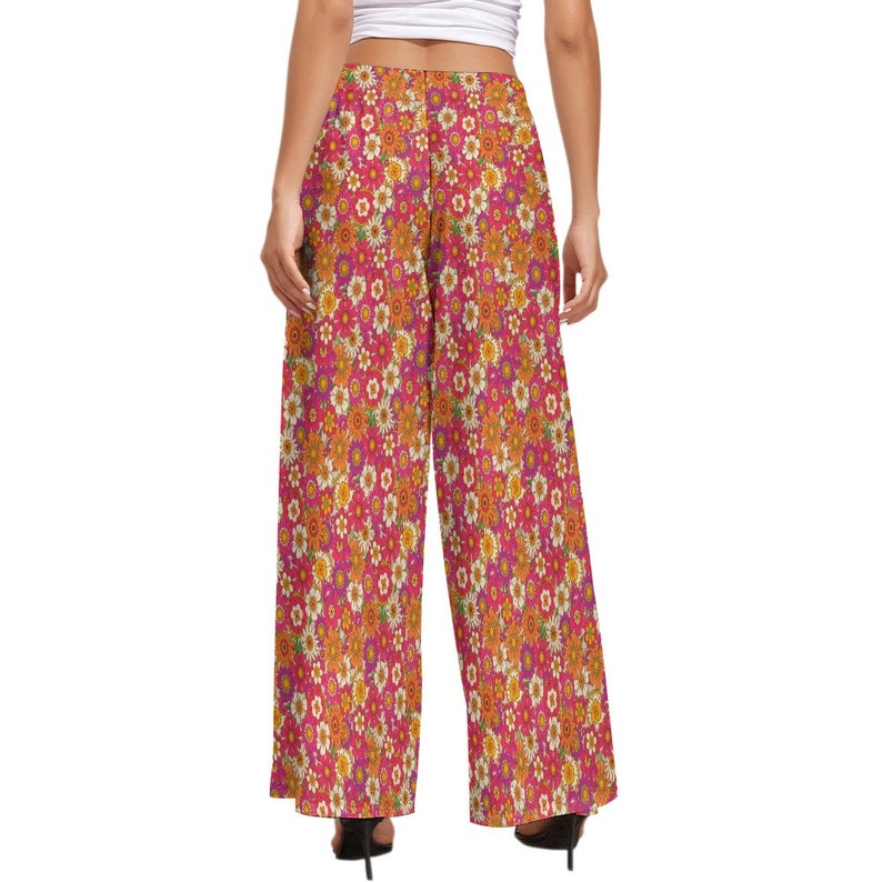 Pantalones anchos, pantalones retro, pantalones anchos para mujer, pantalones estilo años 70, inspirados en los años 70, pantalones anchos rosas, pantalones florales, pantalones hippies, pantalones bohemios imagen 5