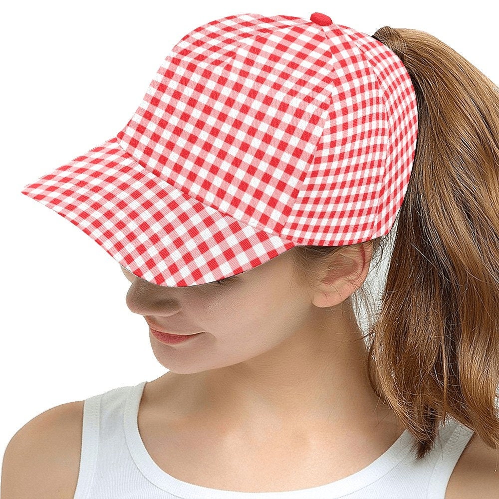 Baseball Cap, Red Gingham Women's Baseball Cap, Red Cap, Baseball