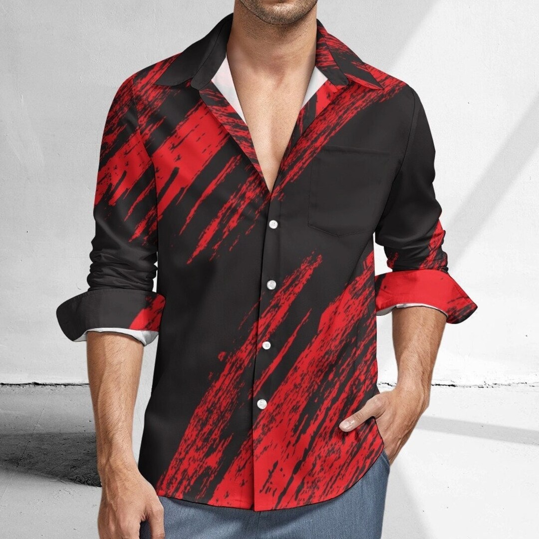 Punk Rock Shirt Men Abstract Black Shirt Black Red Shirt Etsy