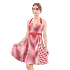 50s Dress Style, 50s Inspired Dress, Red Gingham Dress | Vintage 50s Style Rockabilly Dress | Retro Dress Women, Red Halter Dress women