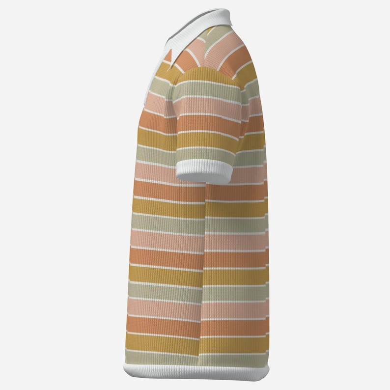 May include: A striped polo shirt in shades of orange, pink, beige, and white. The shirt features a white collar and cuffs. The ribbed fabric adds texture. This casual shirt is suitable for everyday wear. The shirt is a versatile addition to any wardrobe.