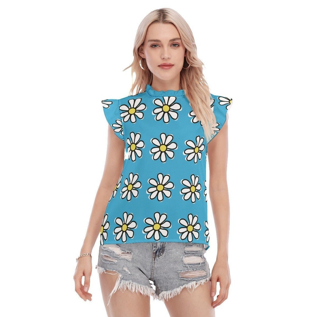 Daisy Top, Blue Ruffle Top, Blue Ruffle Blouse, Daisy Print Top, Blue