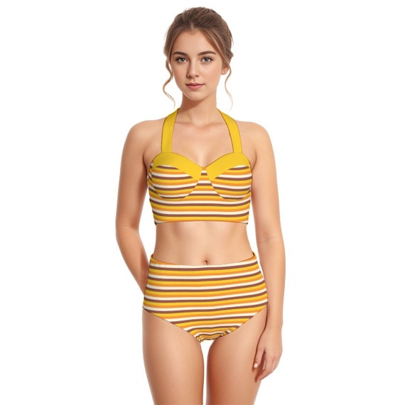 Vintage Bikini Style, High Waist Bikini Set, Retro 70s Orange