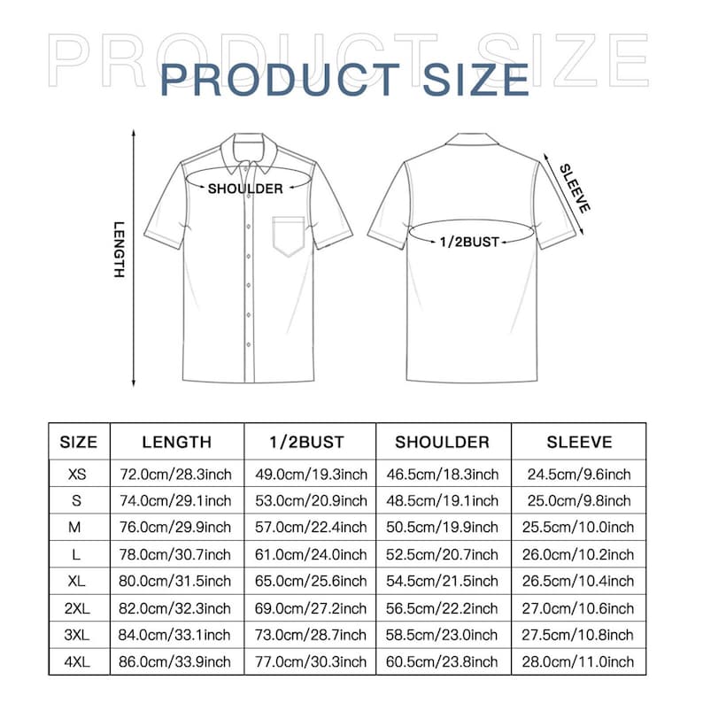 Puede incluir: Una tabla de tallas para una camisa con medidas en pulgadas y cent&iacute;metros. La tabla muestra la talla, la longitud, la mitad del pecho, el hombro y la manga para las tallas XS a 4XL.