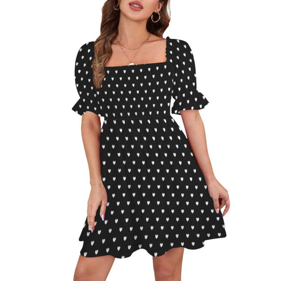 Black Heart Polka Dot Babydoll Dress 50s Style Dress Puff Sleeve Dress Black Polka Dot Mini Dress Summer Dress Etsy UK