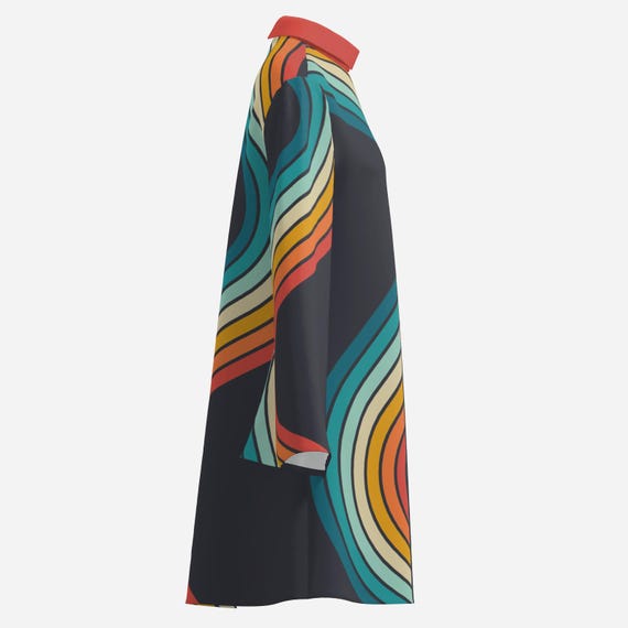 70s inspired mini dress 70s Dress Style Disco Black Rainbow Stripe Bell Sleeve Dress Tent Mini  Dress, Vintage inspired Turtleneck Dress