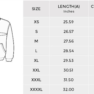 May include: A diagram illustrating the measurements of a zip-up jacket. The image includes a jacket outline with labeled dimensions for length and chest width in inches, along with a size chart from XS to XXXXL.