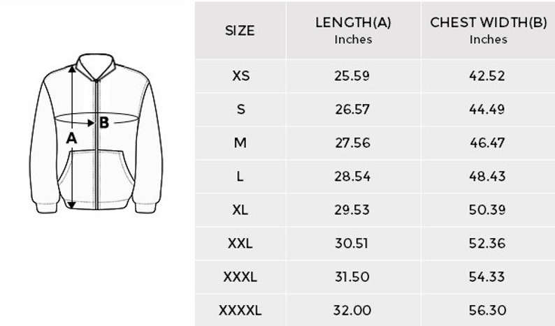 May include: A diagram illustrating the measurements of a zip-up jacket. The image includes a jacket outline with labeled dimensions for length and chest width in inches, along with a size chart from XS to XXXXL.