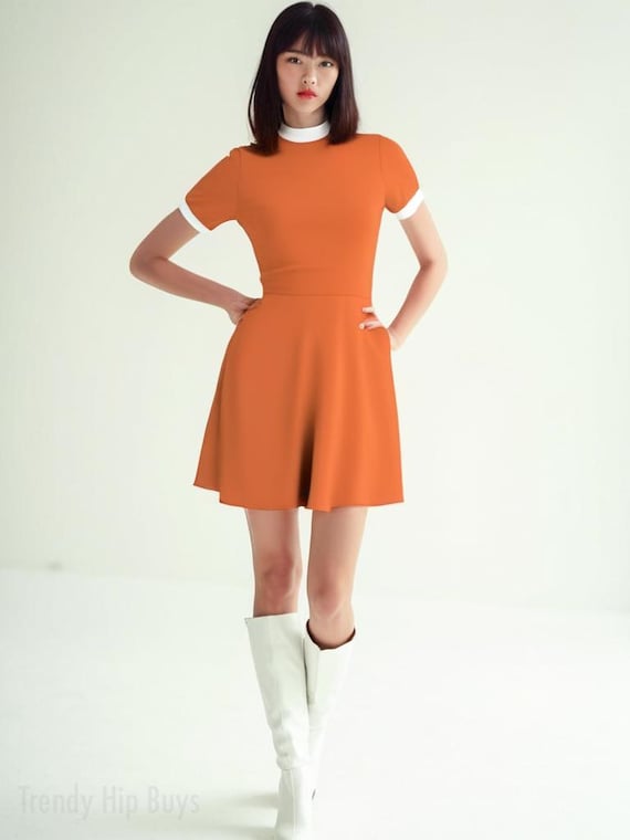 Orange 60s Dress Style, Retro Orange Turtleneck Dress, Mod Orange Mini Dress, Go Go Dress, Orange 60s Inspired Aline Dress