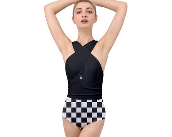 Schwarzer Checker-Badeanzug, einteiliger Badeanzug, schwarzer Mod-Badeanzug, schwarzer Halter-Badeanzug, schwarze Checker-Bademode, schwarzer Halter-Badeanzug