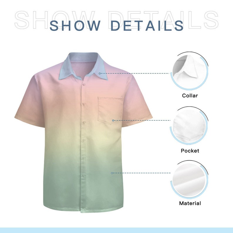 Puede incluir: Una camisa de manga corta con botones y un dise&ntilde;o degradado en tonos rosa, amarillo y verde. La camisa tiene un solo bolsillo en el lado izquierdo y un cuello abotonado.