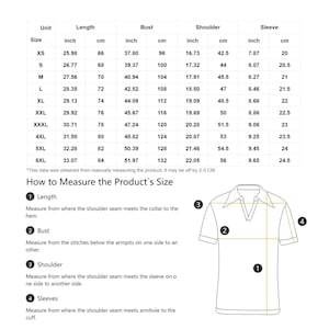 May include: A white chart detailing polo shirt measurements in cm and inches. Sizes range from XS to 6XL, with length, bust, shoulder, and sleeve dimensions provided. A diagram shows how to measure the shirt's key areas.