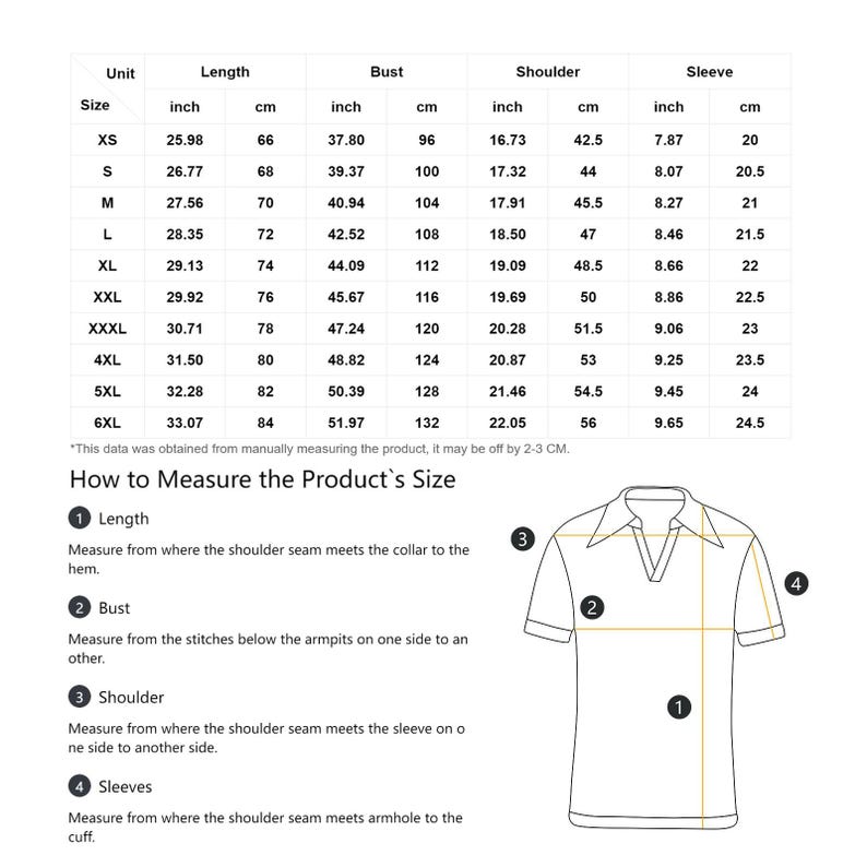 May include: A white chart detailing polo shirt measurements in cm and inches. Sizes range from XS to 6XL, with length, bust, shoulder, and sleeve dimensions provided. A diagram shows how to measure the shirt's key areas.