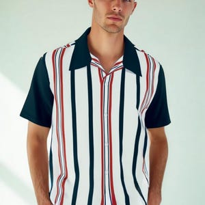 Retro Shirt Men, Vintage Style Shirt, Men’s 50s Style Shirt | Retro Stripe Shirt | Vintage Red White Blue Nautical Shirt, Rockabilly Shirt
