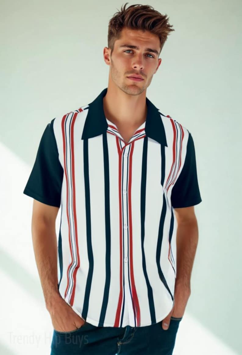 Retro Shirt Men, Vintage Style Shirt, Men’s 50s Style Shirt | Retro Stripe Shirt | Vintage Red White Blue Nautical Shirt, Rockabilly Shirt