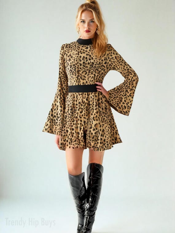 70s Dress Style | Retro Leopard Print Dress, Animal Print Dress, Chiffon 70s Bell Sleeve Dress | 70s Disco Dress | 70s Style Boho Dress 70s Dress Style | Retro Leopard Print Dress, Animal Print Dress, Chiffon 70s Bell Sleeve Dress | 70s Disco Dress | 70s Style Boho Dress