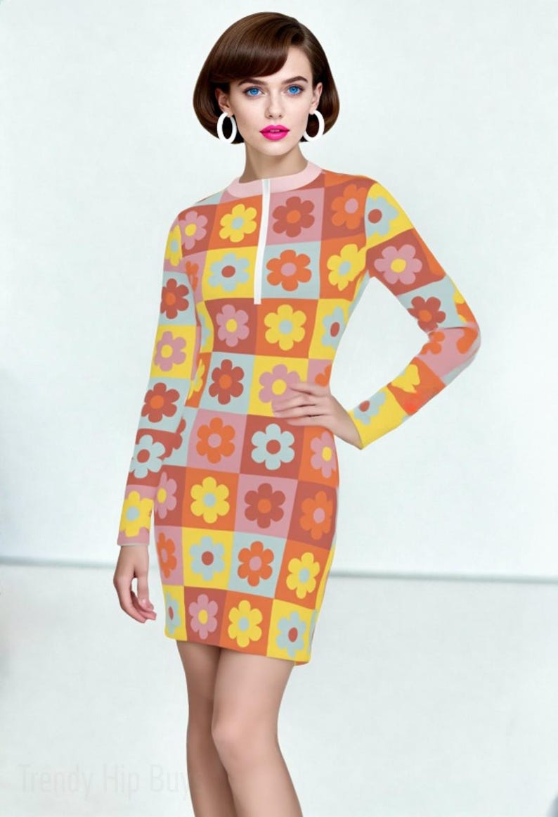 Women’s Mod 60s Style Dress | Multicolor Floral Scuba Mini Dress ...
