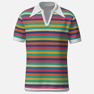May include: A short-sleeved polo shirt with horizontal stripes in various colors, including red, blue, yellow, and green. The shirt has a white collar and cuffs, and a V-neck design.