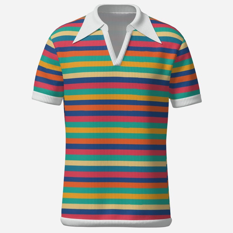 May include: A short-sleeved polo shirt with horizontal stripes in various colors, including red, blue, yellow, and green. The shirt has a white collar and cuffs, and a V-neck design.
