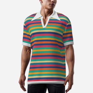 May include: A short-sleeved polo shirt with horizontal stripes in various colors, including orange, blue, green, and yellow. The shirt has a white collar and sleeve cuffs. The shirt is made of a ribbed knit fabric.