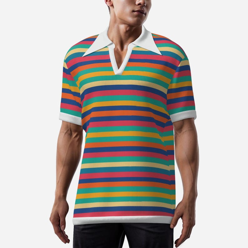 May include: A short-sleeved polo shirt with horizontal stripes in various colors, including orange, blue, green, and yellow. The shirt has a white collar and sleeve cuffs. The shirt is made of a ribbed knit fabric.