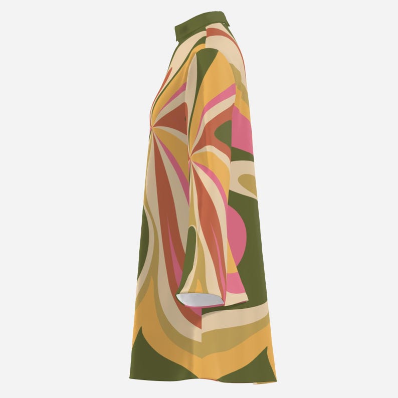May include: A long-sleeved dress with a high neck and a swirling pattern in shades of orange, yellow, pink, and green.