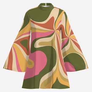 May include: A green, pink, orange, and yellow swirl pattern dress with long bell sleeves. The dress has a high neck and a loose fit.