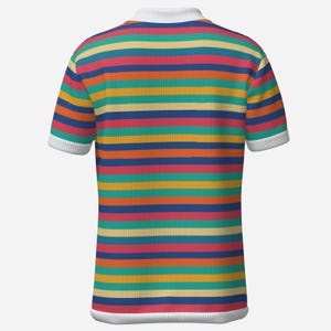 May include: A short-sleeved, ribbed polo shirt with horizontal stripes in various colors, including red, blue, yellow, and green. The collar and sleeve cuffs are white.