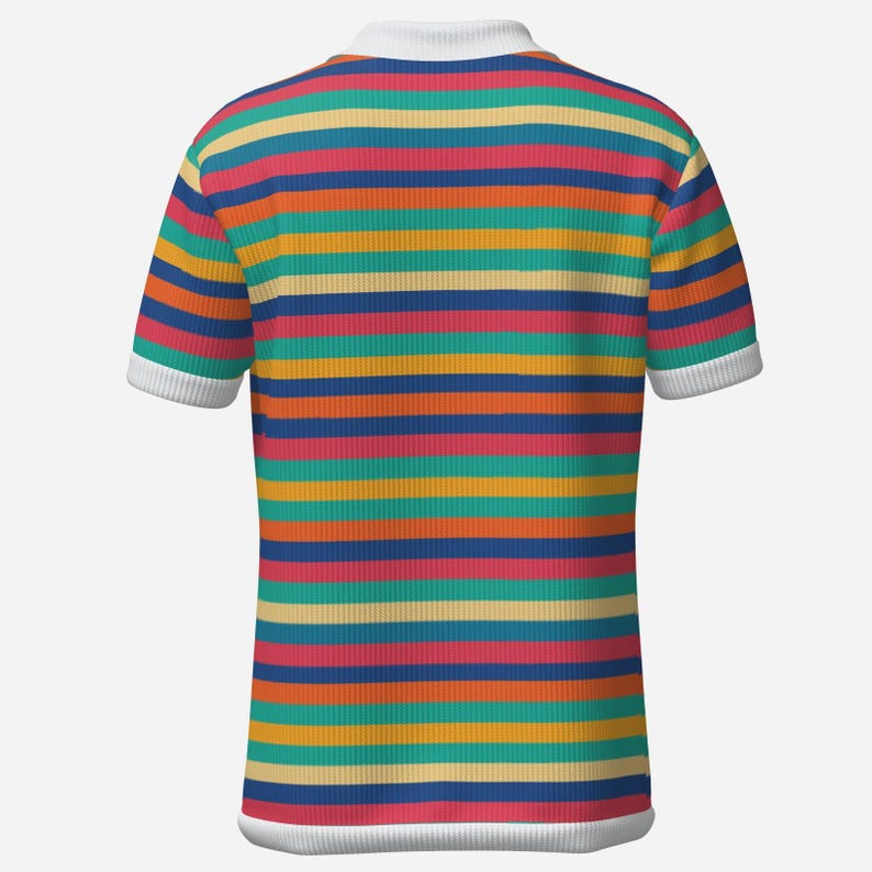 May include: A short-sleeved, ribbed polo shirt with horizontal stripes in various colors, including red, blue, yellow, and green. The collar and sleeve cuffs are white.