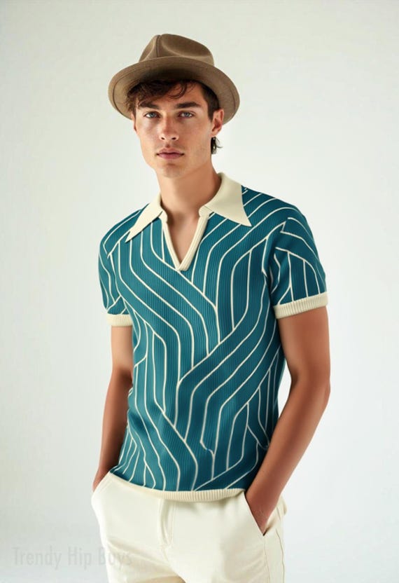Retro Polo Shirt, Teal Polo Shirt, 70s Polo Shirt, Stripe Polo Shirt, Disco Shirt, Wing Collar Shirt, Teal Shirt Men, Knit Polo Shirt
