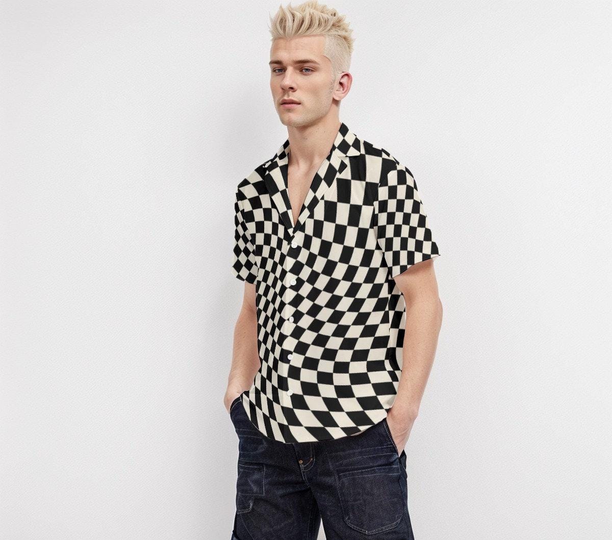 Black Checker Shirt Men, Black and White Checker Top Men Black Checker Shirt Men, Black and White Checker Top Men