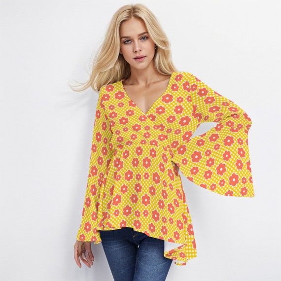 Top estilo anos 70 blusa estilo anos 70 mujer blusa hippie top hippie mujer top manga campana mujer top boho top estilo vintage top floral mujer Etsy Espana