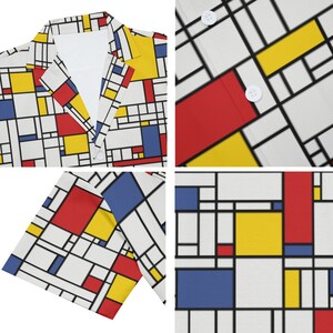 Puede incluir: Una camisa blanca de botones con un patr&oacute;n geom&eacute;trico en rojo, amarillo y azul. El patr&oacute;n recuerda al arte abstracto.