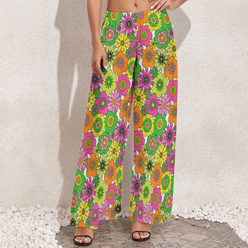 Wide Leg Pants, Retro Pants, Wide Leg Pants Women, 70s Style Pants, 70s Inspired pants, Neon Pants, Floral Pants, Hippie Pants, Boho Pants image 5