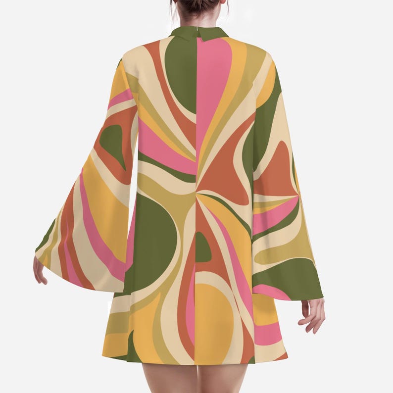 May include: A short-sleeved dress with a retro-inspired print featuring swirling lines in shades of pink, orange, yellow, and green.