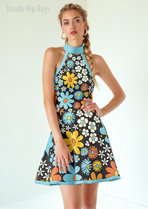 60s halter dress Style | Blue Dress | Floral Mini Dress | Go-go Dress, A-line Mini Dress| Blue Floral Mini Dress, 60s Inspired Dress and handmade Size